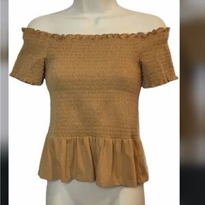 American Eagle smocked off the shoulder crop top mustard